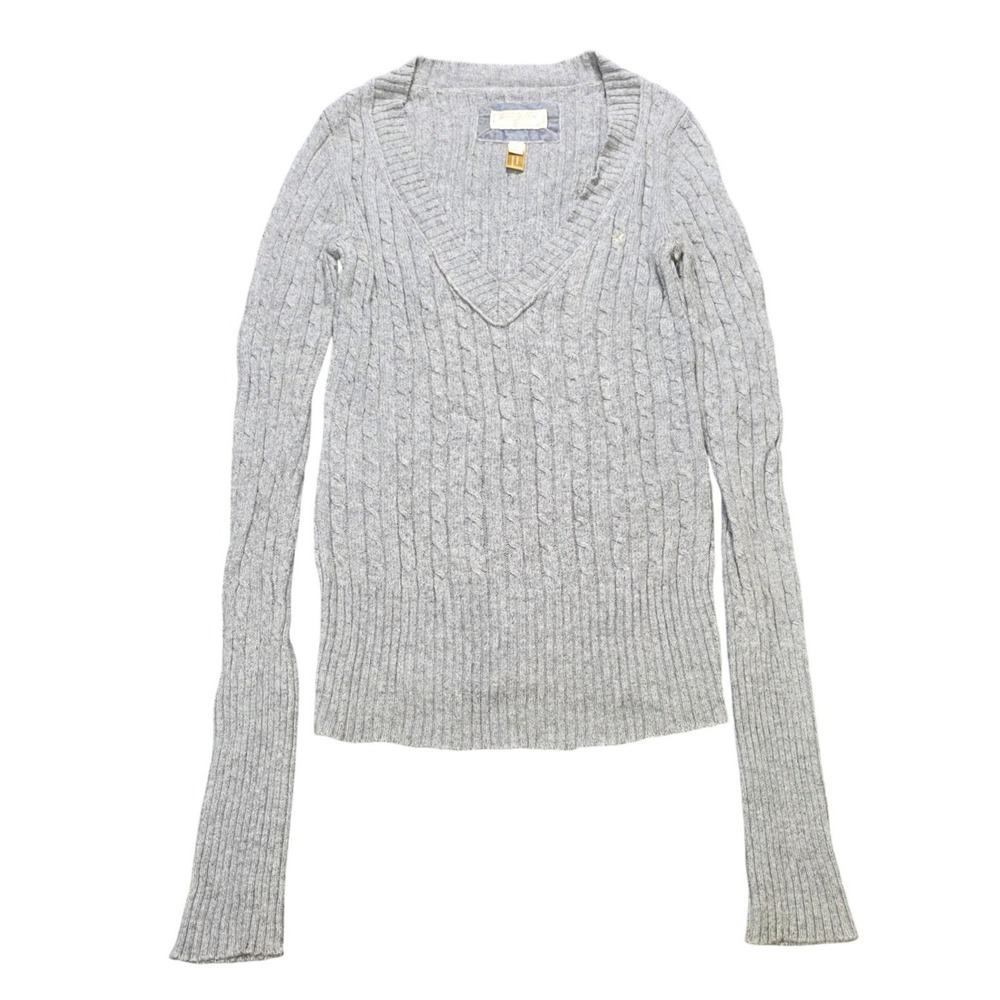 American Eagle Cable Knit V-Neck Sweater Women's Size S Gray Extra Long Sleeve